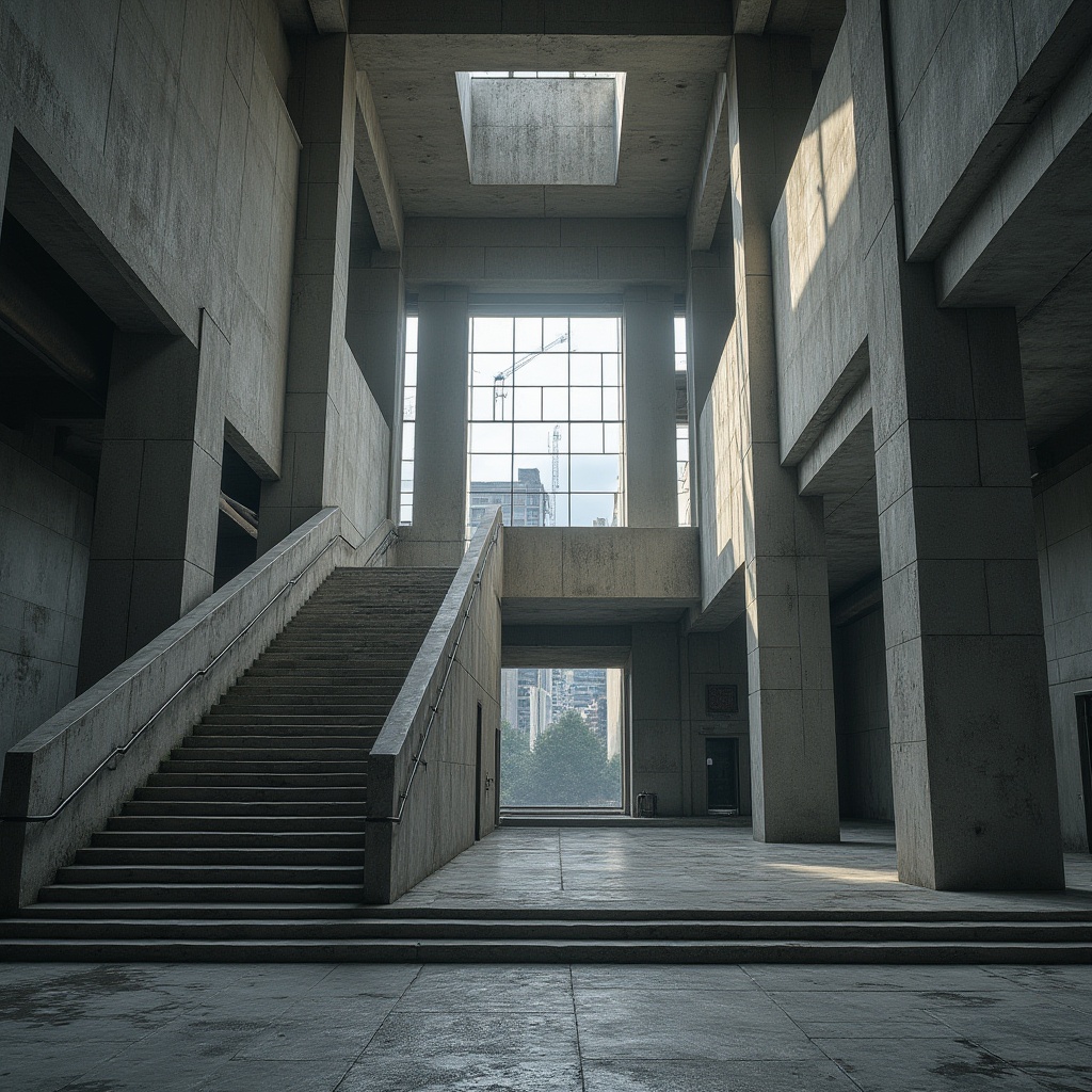 Prompt: Courthouse building, brutalist architecture, rugged concrete walls, textured surfaces, geometric shapes, dramatic shadows, grand staircase, majestic columns, cold industrial atmosphere, monochromatic color palette, rough stone flooring, weathered metal handrails, abstract art installations, natural light pouring through large windows, high ceilings, urban cityscape background, overcast sky, cinematic composition, low-angle shot, wide-angle lens.