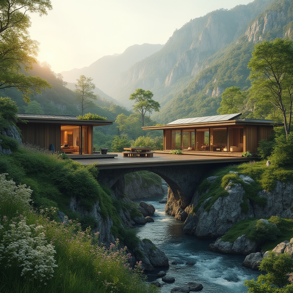 Prompt: Serene landscape integration, blending with nature, modern architecture, harmonious coexistence, green roofs, solar panels, wooden decks, floor-to-ceiling windows, sliding glass doors, minimalist interior design, natural materials, stone walls, lush greenery, overhanging trees, wildflowers blooming, gentle streams, rustic bridges, misty mountains, soft morning light, warm sunset glow, panoramic view, 3/4 composition, cinematic lighting.