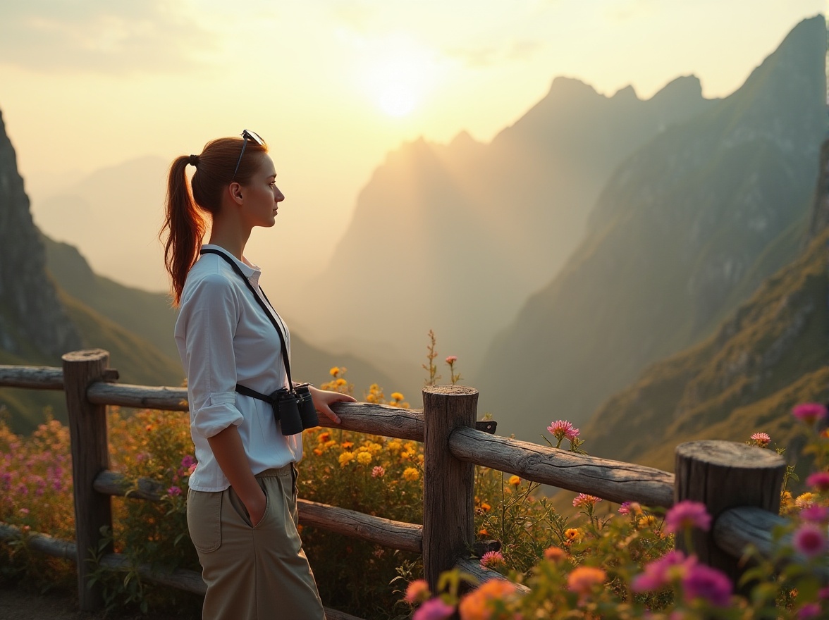 Prompt: Landscape designer, female, 25yo, standing, scenic overlook, mountain range, misty atmosphere, morning sun, warm light, gentle breeze, flowers blooming, vibrant colors, rugged terrain, rocky outcrops, wooden railings, binoculars around neck, khaki pants, white blouse, brown hair tied back, ponytail, sunglasses perched on forehead, looking out at breathtaking view, dramatic composition, cinematic depth of field, warm color palette, soft focus background.