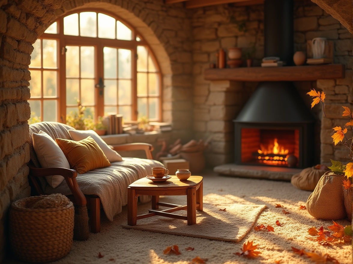 Prompt: Warm wheat tones, cozy atmosphere, golden lighting, soft focus, natural textures, woven baskets, vintage wooden furniture, plush cushions, comfortable reading nook, warm beverage, crackling fireplace, autumn leaves, rustic stone walls, earthy ceramics, distressed denim, beige carpet, inviting warmth, nostalgic feel, afternoon sunbeams, gentle shadows.