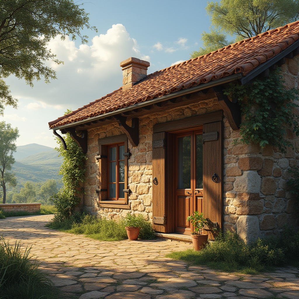 Prompt: Rustic barn, academic style architecture, brick wall, stone foundation, wooden beams, clay roof tiles, iron door handles, large windows, wooden shutters, overhanging eaves, climbing vines, rural landscape, rolling hills, scattered trees, sunny afternoon, warm light, soft shadows, 3/4 composition, natural texture, earthy tone, serene atmosphere.