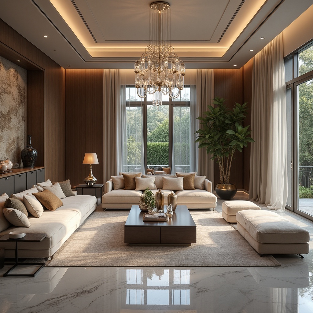 Prompt: Modern interior design, luxurious villa, spacious living room, marble flooring, velvet sofa, wooden coffee table, decorative vases, metal sculptures, elegant chandelier, floor-to-ceiling windows, natural light, soft shadows, warm ambient lighting, 3/4 composition, shallow depth of field, realistic texture, reflective surfaces, detailed normal maps.