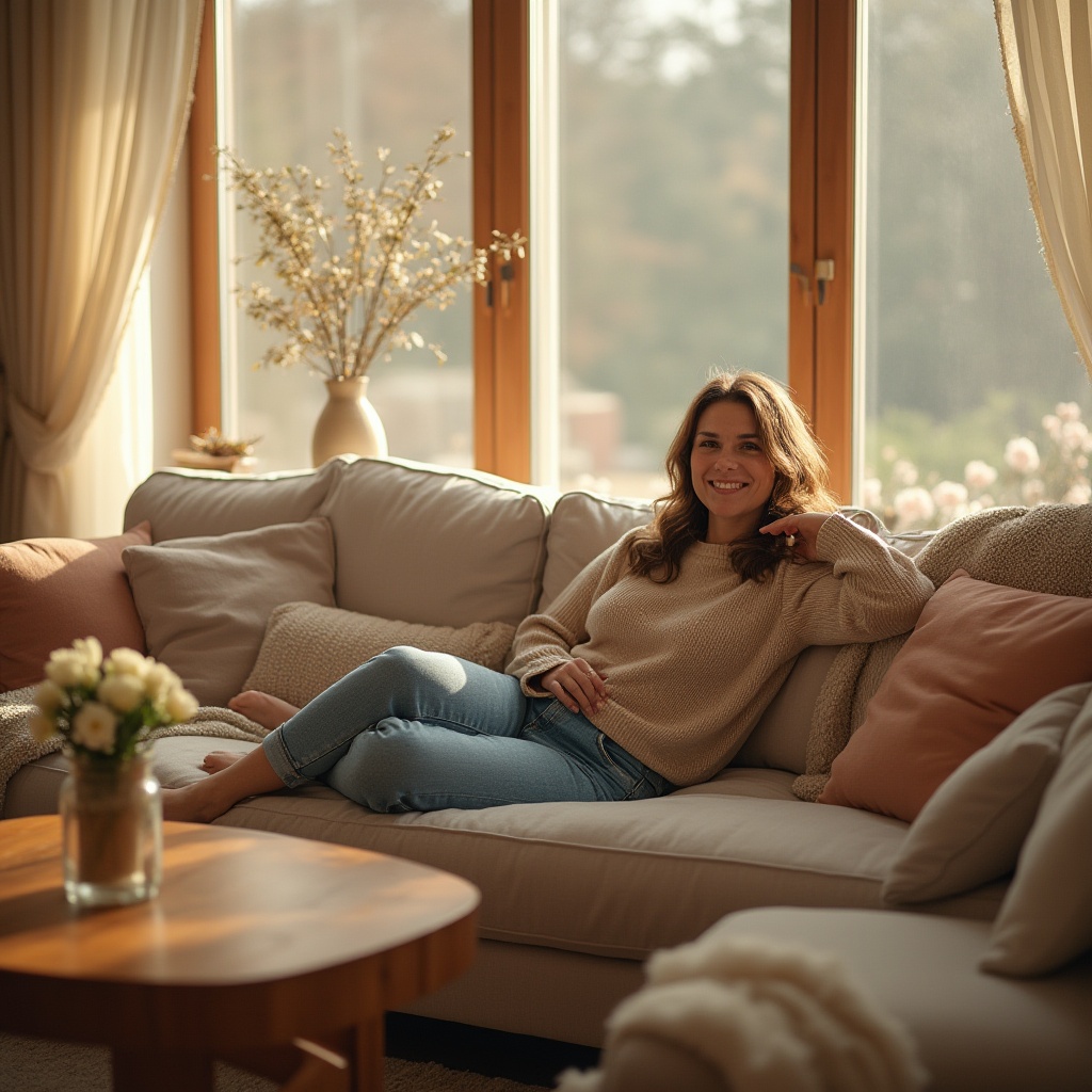 Prompt: Cozy living room, mature lady, 30s, relaxed posture, lying on a plush velvet sofa, soft cushions, gentle smile, wavy brown hair, natural makeup, warm beige sweater, casual denim jeans, bare feet, surrounded by comfortable throw blankets, pillows in various textures, wooden coffee table with a vase of fresh flowers, large windows with curtains in soft silky fabric, warm afternoon sunlight, 3/4 composition, soft focus, calming atmosphere.