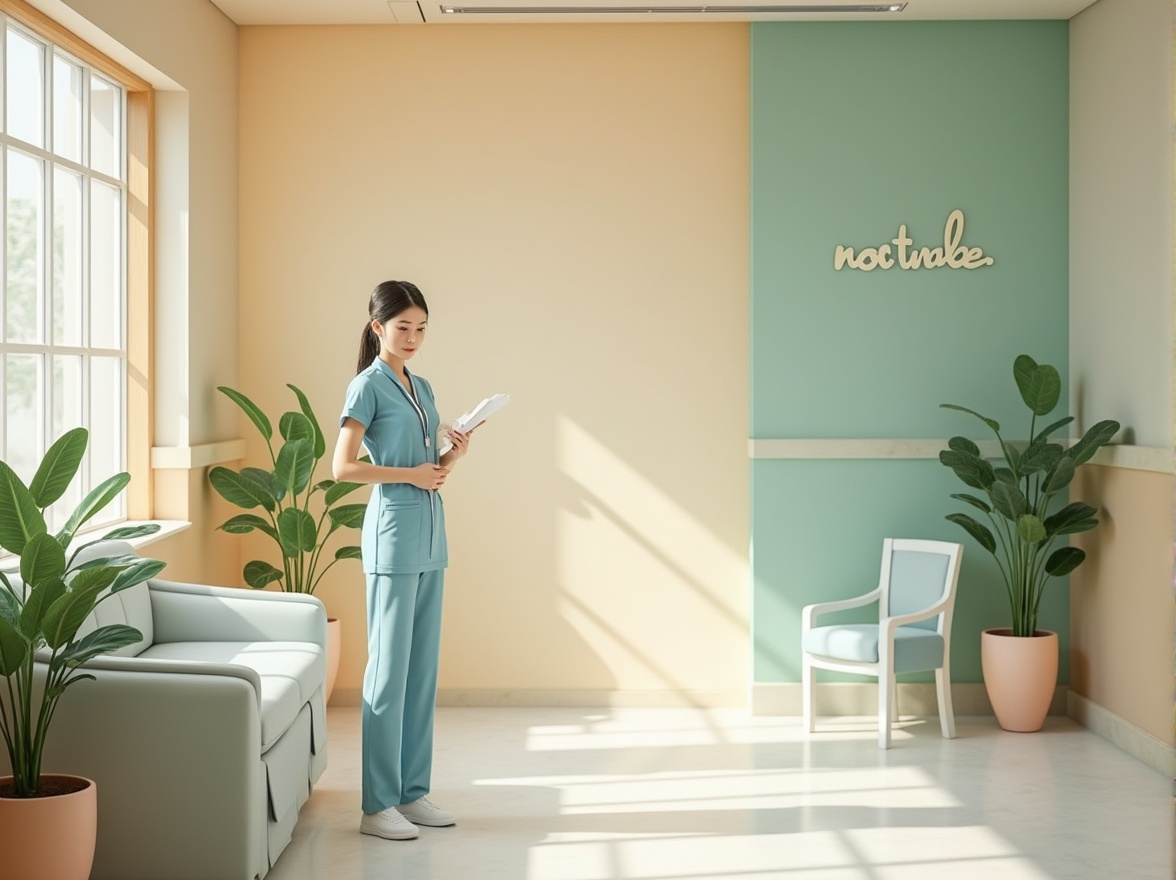 Prompt: Calming healthcare space, harmonious color palette, soothing atmosphere, gentle lighting, pastel shades of blue, pale green, creamy white, warm beige, soft peach, calming yellow, wooden accents, natural textures, plants with rounded leaves, serene background, minimal decor, comfortable seating area, quiet corridor, peaceful waiting room, gentle nurse in a light blue uniform, subtle medical equipment, elegant font signage, indirect sunlight, warm shadows, 3/4 composition, realistic render.