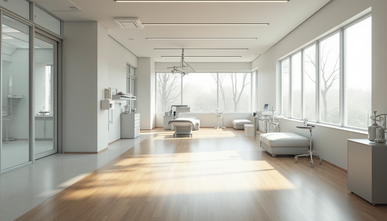 Prompt: Bauhaus clinic interior, modern efficient layout, minimalist decor, white walls, large windows, natural light, wooden floors, metal frames, geometric shapes, clean lines, functional furniture, stainless steel medical equipment, sterile atmosphere, gentle ambient lighting, 3/4 composition, shallow depth of field, warm color tones, calm ambiance.