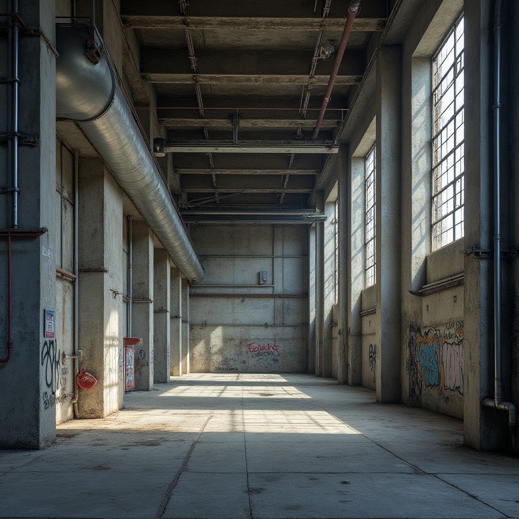 Prompt: Industrial architecture, modern building, concrete finishes, minimalist design, urban landscape, cityscape, brutalist style, raw concrete walls, exposed ductwork, metal beams, industrial lighting, overhead crane, urban decay, graffiti, rusty pipes, distressed textures, high-contrast shadows, dramatic lighting, low-angle shot, cinematic composition.