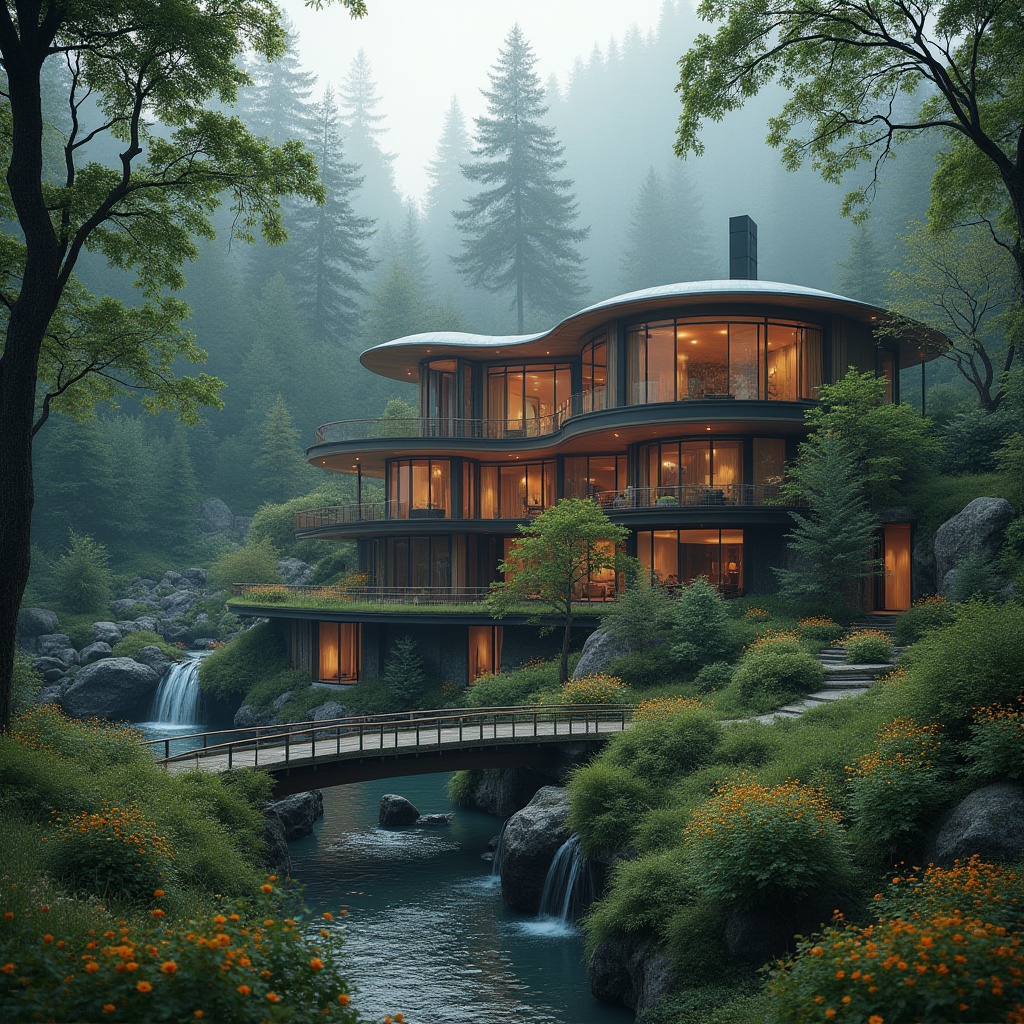 Prompt: Mountain villa, modern architecture, glass windows, wooden accents, curved lines, blending with surroundings, lush green forest, tall trees, overhanging branches, natural stone foundation, water feature, small pond, gentle waterfall, rustic bridge, meandering path, wildflowers, blooming in vibrant colors, misty atmosphere, soft morning light, warm ambient glow, cinematic composition, 3/4 view, depth of field.