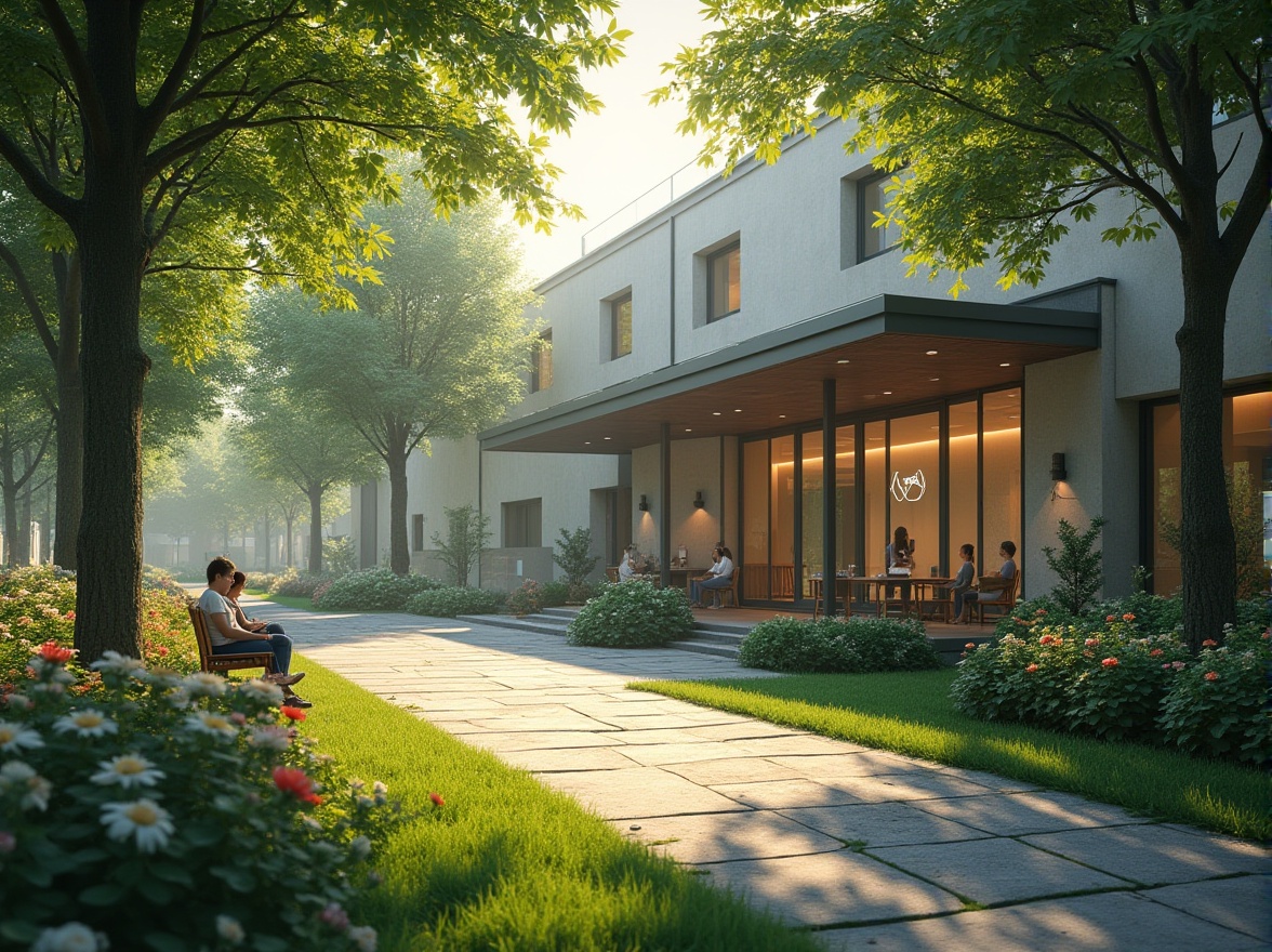 Prompt: Suburban clinic, modern architecture, greenery surroundings, lush lawn, flower beds, colorful blooms, shrubs, trees providing shade, tranquil atmosphere, natural stone walkway, wooden benches, patients sitting, relaxing, reading, peaceful ambiance, soft sunlight filtering through leaves, morning dew, misty atmosphere, 3/4 composition, warm lighting.