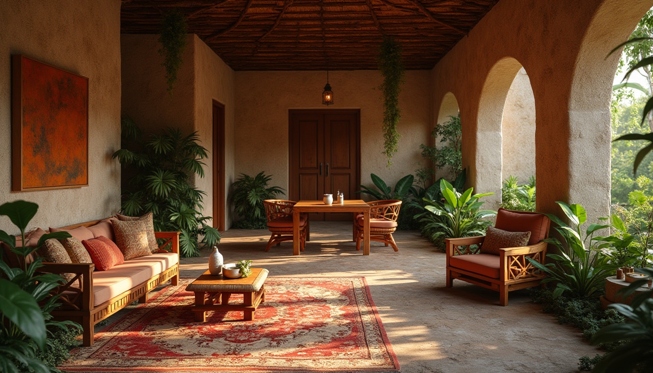 Prompt: Rich cultural heritage, traditional Mayan architecture, rustic Chukum wood, natural textures, earthy tones, warm ambient lighting, subtle shadows, intricate wooden carvings, vibrant colorful textiles, geometric patterns, minimalist design, sustainable materials, eco-friendly furniture, organic forms, botanical accents, lush greenery, serene atmosphere, shallow depth of field, 3/4 composition, realistic render.