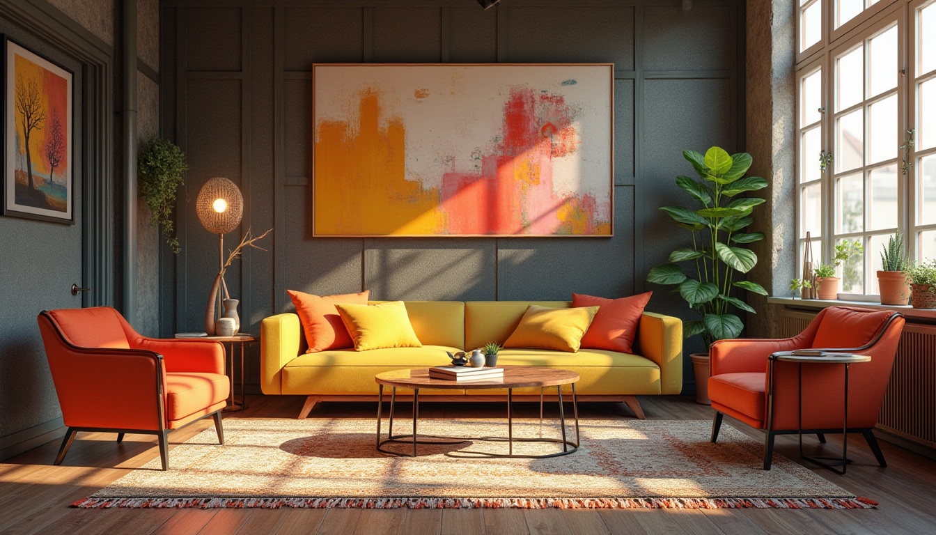 Prompt: Vibrant artistic studio, eclectic furniture pieces, bold color blocking, contrasting textures, modern abstract artwork, sleek metallic accents, natural wood tones, industrial chic lighting, creative freedom atmosphere, bohemian-inspired rugs, urban loft setting, warm golden hour lighting, shallow depth of field, 1/1 composition, realistic renderings, ambient occlusion.