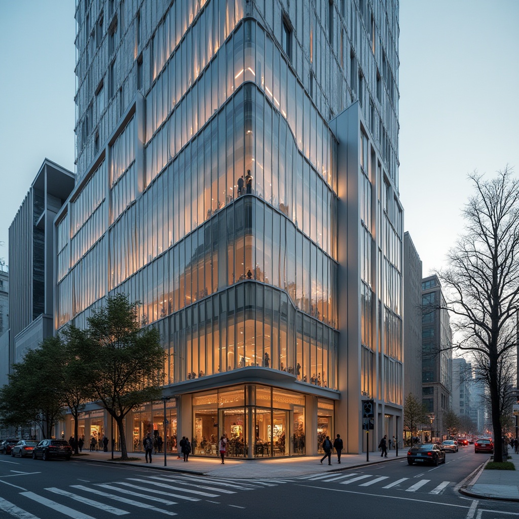 Prompt: Modern building facade, sleek glass surfaces, minimalist metal frames, subtle LED lighting, gradient color scheme, abstract patterns, urban cityscape, busy street scene, morning sunlight, soft warm glow, shallow depth of field, 1/2 composition, realistic textures, ambient occlusion.