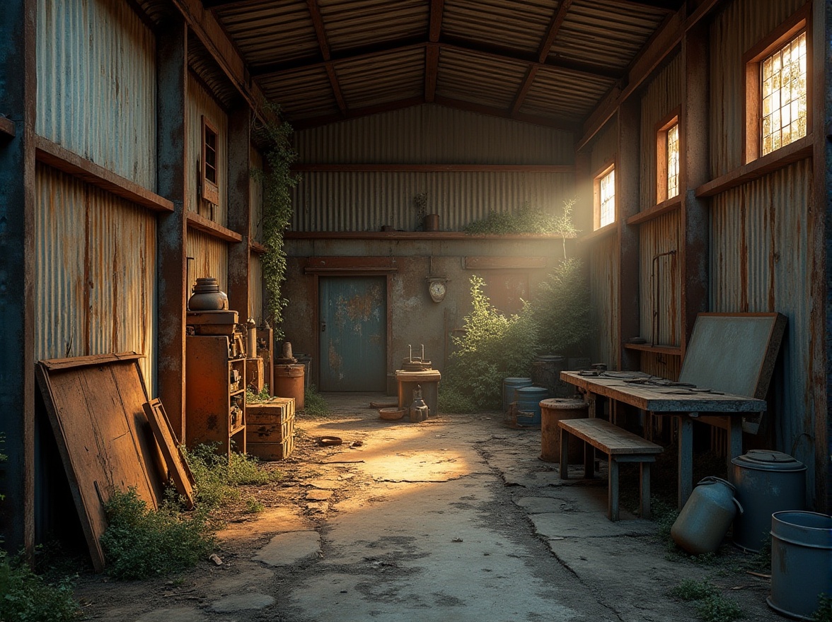 Prompt: Rustic industrial setting, corrugated iron cladding, weathered metal texture, distressed finishes, earthy tones, abandoned factory, urban decay, crumbling walls, overgrown vegetation, worn wooden planks, peeling paint, vintage machinery, nostalgic atmosphere, warm golden lighting, shallow depth of field, 1/2 composition, gritty realism, ambient occlusion.