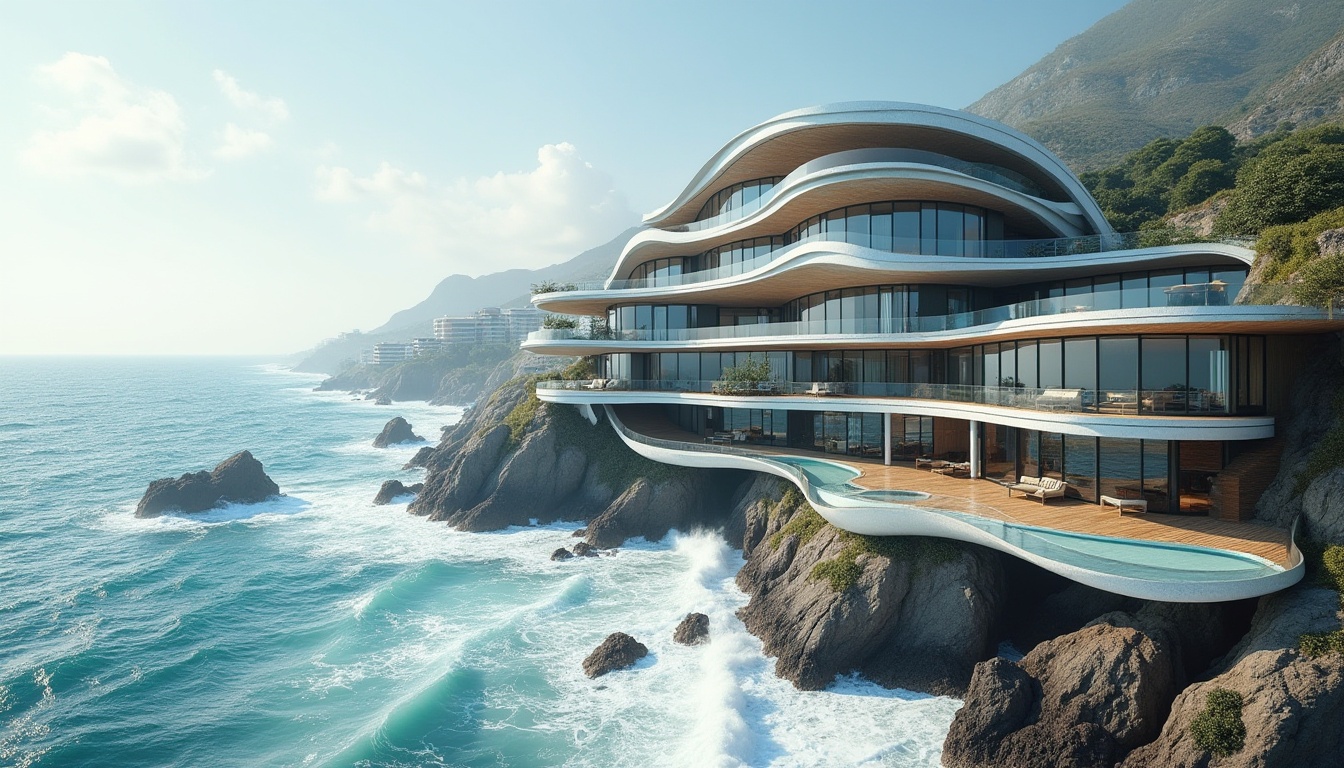 Prompt: Wave-crashing coastline, salty sea air, ocean-inspired facade design, undulating balconies, anodized aluminum cladding, iridescent glass panels, parametric architecture, curvaceous lines, sustainable coastal development, storm-resistant construction, large cantilevered roofs, panoramic ocean views, coral-inspired textures, weathered wood accents, beachy color palette, soft natural lighting, 1/1 composition, atmospheric perspective, realistic water effects.