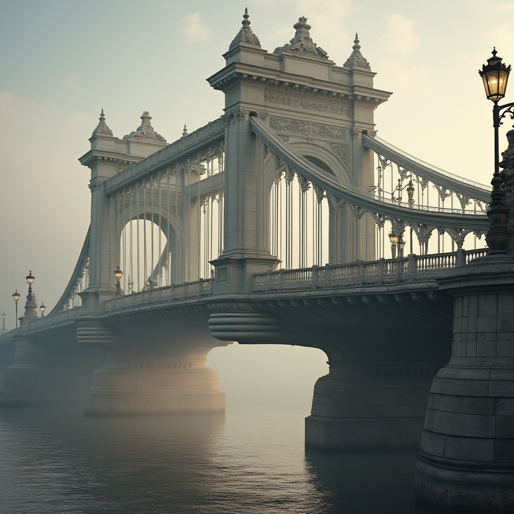 Prompt: Majestic bridge architecture, classicist style, grand arches, ornate balustrades, carved stone pillars, decorative cornices, imposing piers, suspended walkways, wrought iron railings, riveted steel beams, elegant lamp posts, vintage streetlights, misty morning atmosphere, soft warm lighting, shallow depth of field, 2/3 composition, symmetric framing, realistic textures, ambient occlusion.