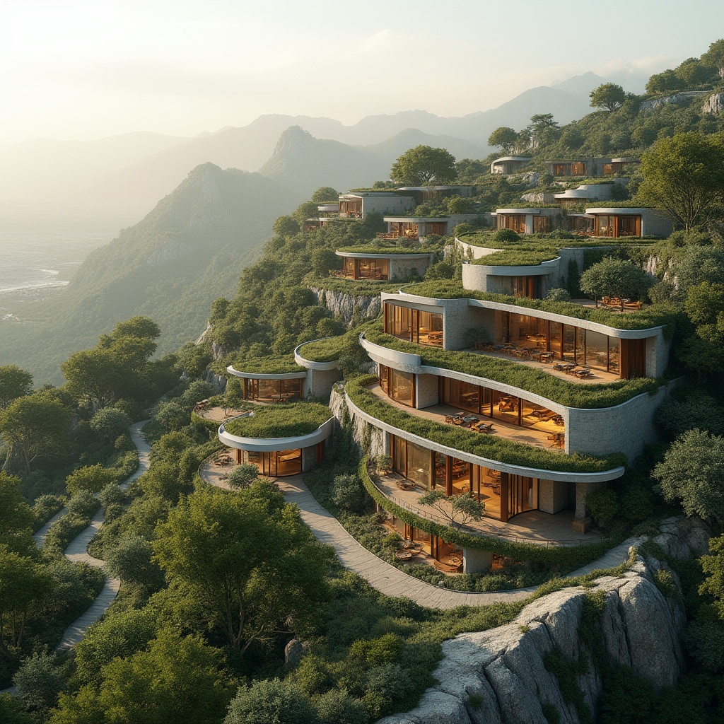 Prompt: Scenic hillside, lush vegetation, meandering pathways, modern curved buildings, cantilevered roofs, floor-to-ceiling windows, sliding glass doors, natural stone walls, reclaimed wood accents, minimalist design, sustainable materials, green roofs, rainwater harvesting systems, solar panels, wind turbines, shaded outdoor spaces, misting systems, organic shapes, free-flowing curves, 1/1 composition, soft warm lighting, shallow depth of field, realistic textures, ambient occlusion.