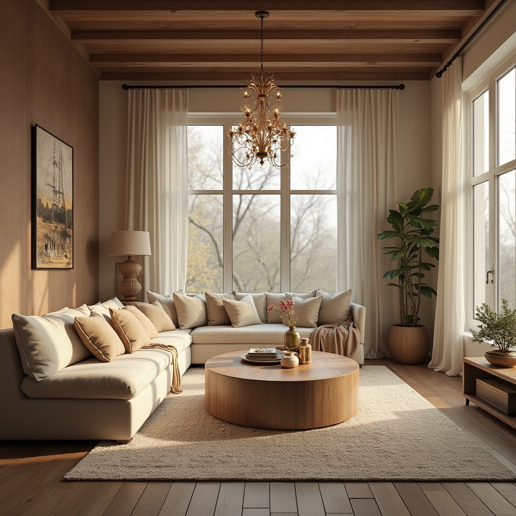 Prompt: Cozy living room, warm earthy tones, plush carpets, comfortable sofas, rustic wooden accents, modern minimalist decor, large windows, natural light, soft diffused lighting, elegant chandeliers, cream-colored walls, textured rugs, vintage decorative items, intimate atmosphere, 3/4 composition, shallow depth of field, realistic textures, ambient occlusion.