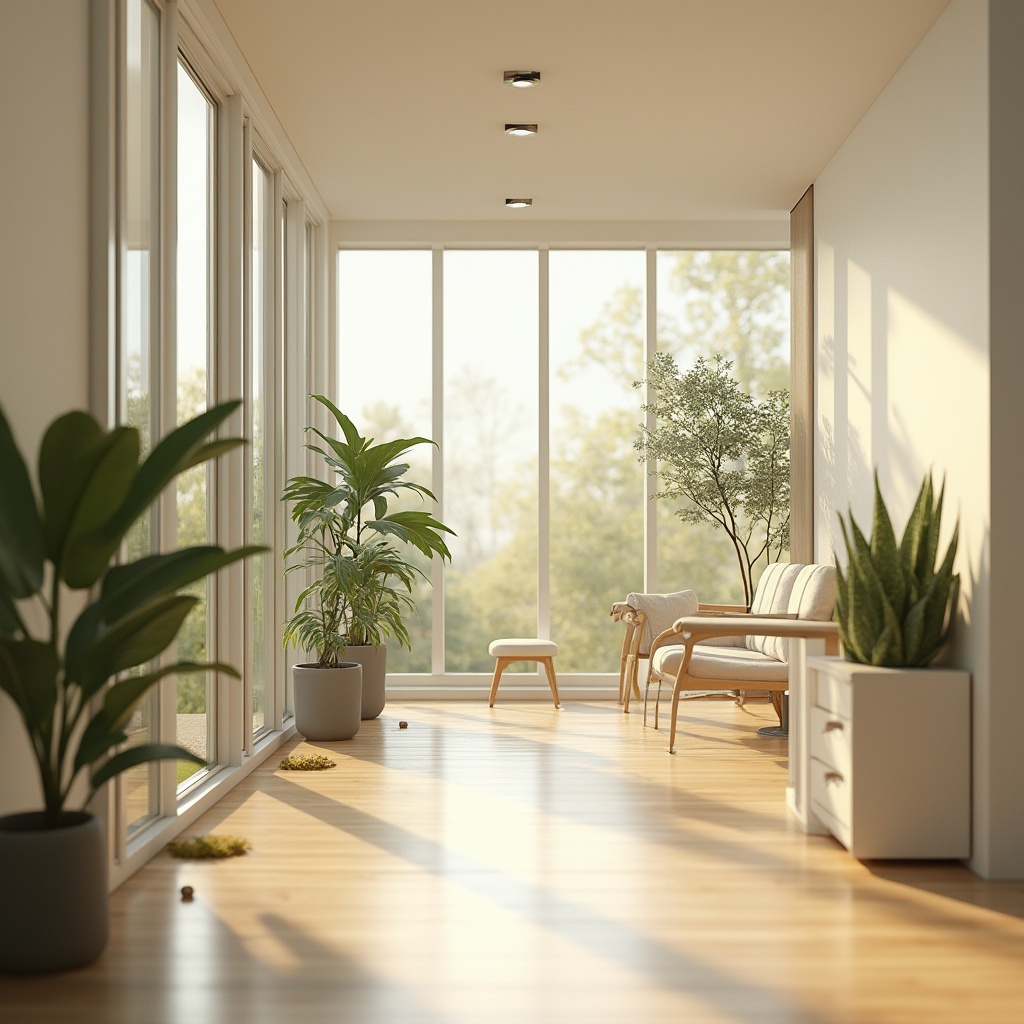 Prompt: Soft warm natural light, bright airy atmosphere, floor-to-ceiling windows, minimalist interior design, sleek metal frames, glass doors, polished wooden floors, creamy white walls, modern furniture pieces, greenery accents, potted plants, organic textures, shallow depth of field, 1/1 composition, realistic renderings, ambient occlusion.