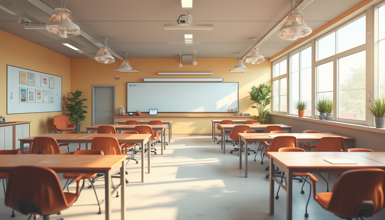 Prompt: Vibrant educational setting, modular furniture, flexible seating arrangements, collaborative workstations, interactive whiteboards, minimalistic decor, ample natural light, soft warm color scheme, ergonomic chairs, adjustable desks, storage cabinets, inspirational quotes, motivational posters, calm atmosphere, subtle texture variations, shallow depth of field, 1/1 composition, realistic rendering.