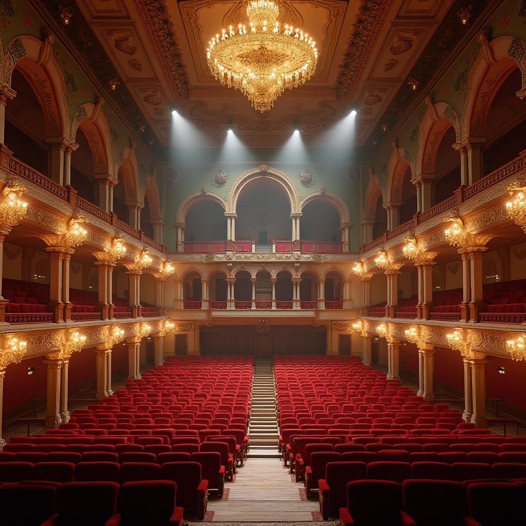 Prompt: Grandiose amphitheater, Renaissance-inspired architecture, ornate columns, intricate carvings, red velvet seats, golden accents, lavish chandeliers, stepped seating arrangement, curved rows, elevated platforms, grand staircase, majestic archways, soft warm lighting, dramatic spotlights, 3/4 composition, symmetrical balance, realistic textures, ambient occlusion.