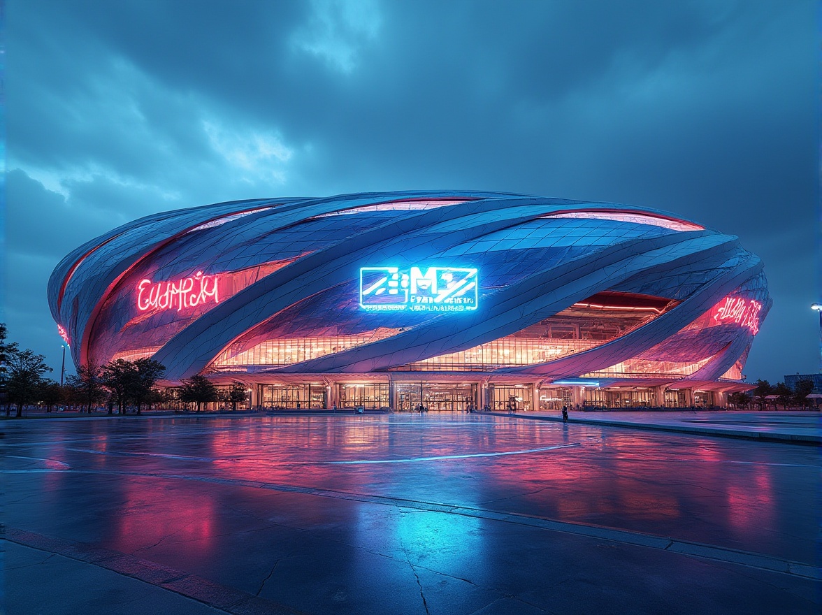 Prompt: \Sleek international stadium facade, dynamic curves, futuristic lines, gleaming glass surfaces, metallic accents, modernist architecture, cantilevered roofs, grand entrance gates, LED scoreboard displays, vibrant color schemes, abstract geometric patterns, floodlighting, panoramic views, 1/1 composition, shallow depth of field, realistic reflections.\