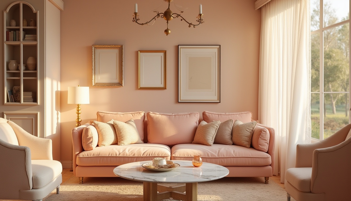 Prompt: Warm peach tones, soft blush hues, creamy whites, rich gold accents, natural wood textures, cozy living room, plush velvet furniture, elegant marble coffee table, delicate lace curtains, vintage ornate frames, warm afternoon sunlight, soft diffused lighting, shallow depth of field, 1/1 composition, intimate atmosphere, realistic rendering.