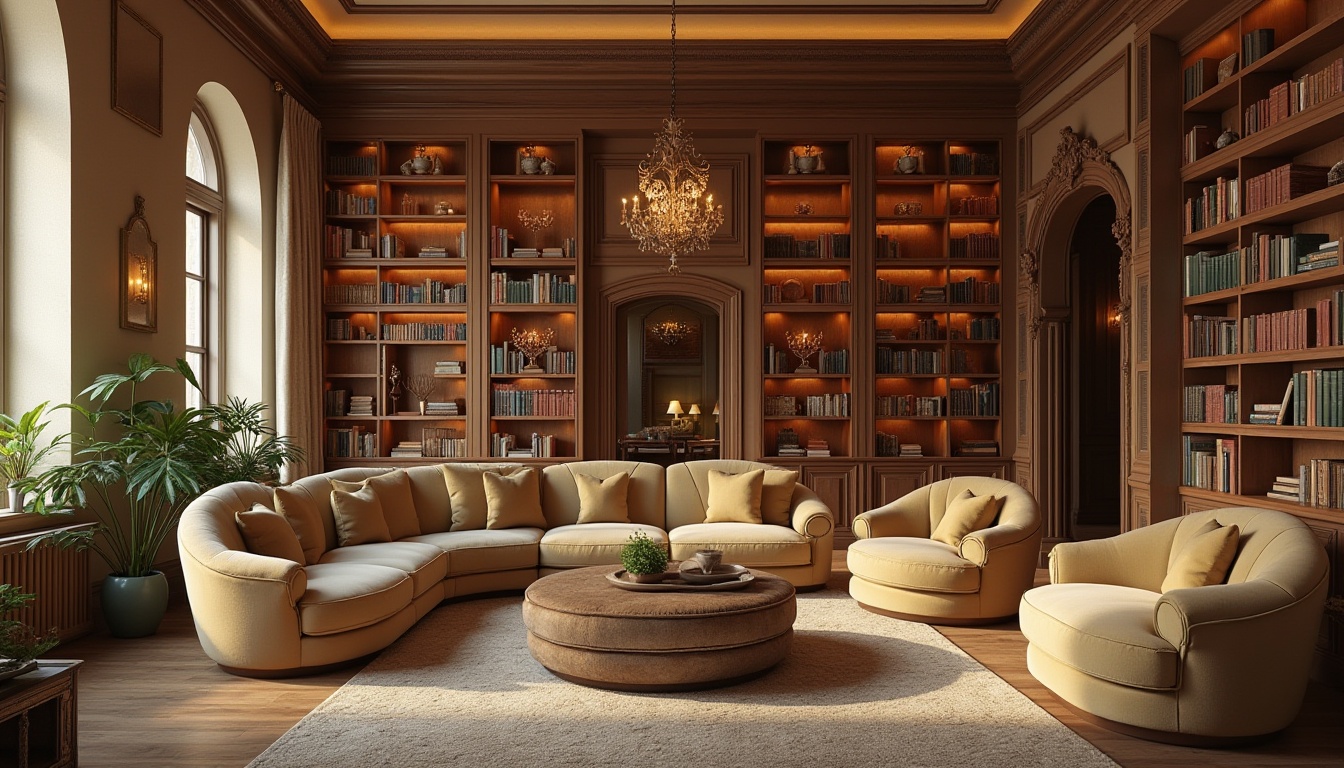 Prompt: Cozy library atmosphere, warm beige walls, rich wood accents, comfortable reading nooks, plush velvet furniture, soft golden lighting, natural stone floors, rustic wooden shelves, vintage book collections, earthy tone color palette, muted greenery, calming ambient sounds, warm neutral colors, inviting study areas, elegant chandeliers, sophisticated architectural details.