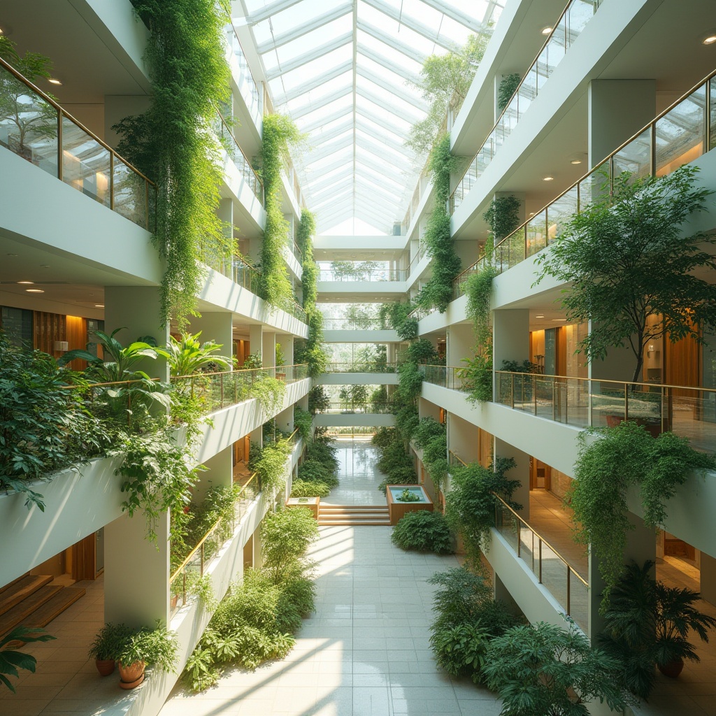 Prompt: Vibrant atrium, lush green walls, abundant natural light, floor-to-ceiling windows, clerestory roofs, skylights, reflective white surfaces, minimal obstructions, open floor plans, airy corridors, transparent glass railings, bright interior courtyards, sunlit stairwells, warm earthy tones, wooden accents, organic textures, soft diffused lighting, 1/1 composition, realistic shadows, ambient occlusion.