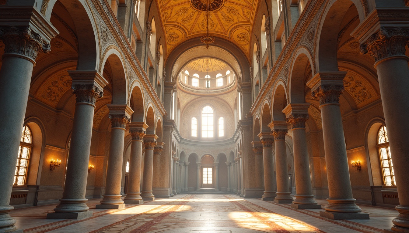 Prompt: Majestic Byzantine church, grand arches, intricately carved stone capitals, ornate marble columns, golden mosaics, vaulted ceilings, clerestory windows, soft warm lighting, shallow depth of field, 3/4 composition, panoramic view, realistic textures, ambient occlusion.