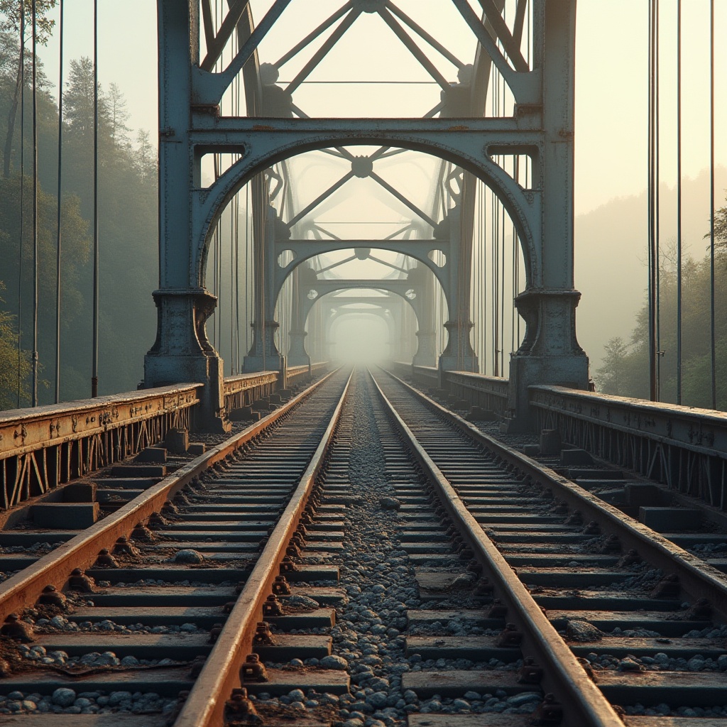 Prompt: Rustic steel bridges, weathered metal textures, industrial-style railings, concrete piers, reinforced pillars, durable asphalt roadways, aggregate stone foundations, sturdy suspension cables, high-strength steel alloys, galvanized coatings, protective rust-resistant finishes, natural stone abutments, scenic river crossings, misty morning atmosphere, soft warm lighting, shallow depth of field, 2/3 composition, realistic metallic reflections.