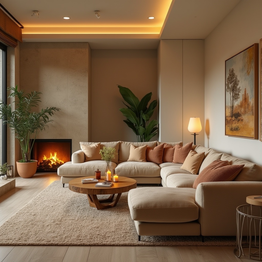 Prompt: Cozy living room, warm beige walls, plush velvet sofas, rustic wooden coffee tables, soft golden lighting, scented candles, vibrant greenery, natural stone fireplaces, modern minimalist decor, abstract artwork, creamy white kitchens, sleek marble countertops, industrial metal stools, warm earthy tones, inviting textures, shallow depth of field, 1/1 composition, intimate atmosphere, realistic reflections.