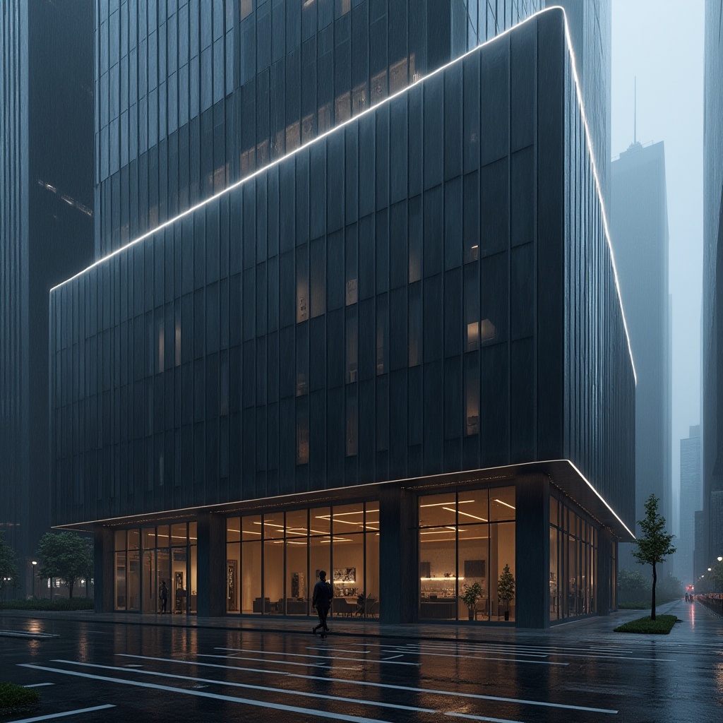 Prompt: Dark gray metallic facade, futuristic architecture, angular lines, sleek glass surfaces, minimalist design, LED lighting strips, urban cityscape, rainy night atmosphere, moody reflections, shallow depth of field, 1/2 composition, low-key lighting, realistic materials, ambient occlusion, modern skyscraper, commercial building, office spaces, sophisticated ambiance.