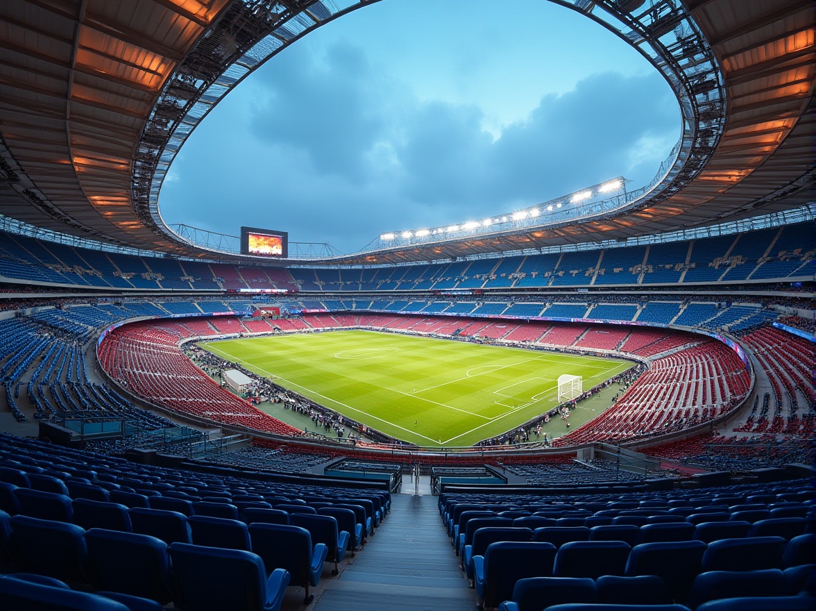 Prompt: Contemporary stadium architecture, sleek curved lines, angular seating structures, tiered spectator stands, vibrant colorful seats, metallic railings, transparent glass barriers, LED scoreboards, state-of-the-art sound systems, atmospheric lighting effects, dramatic shadows, 1/1 composition, shallow depth of field, panoramic view, realistic textures, ambient occlusion.