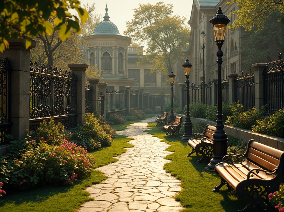 Prompt: Intricate ironwork fences, flowing organic lines, ornate decorative gates, lush green grass, vibrant flower beds, sinuous winding paths, elegant lamp posts, natural stone benches, Art Nouveau-inspired architecture, grandstands with curved lines, ornate ceramic tiles, stained glass windows, warm golden lighting, dramatic shadows, 1/2 composition, low-angle shot, realistic textures, subtle depth of field.