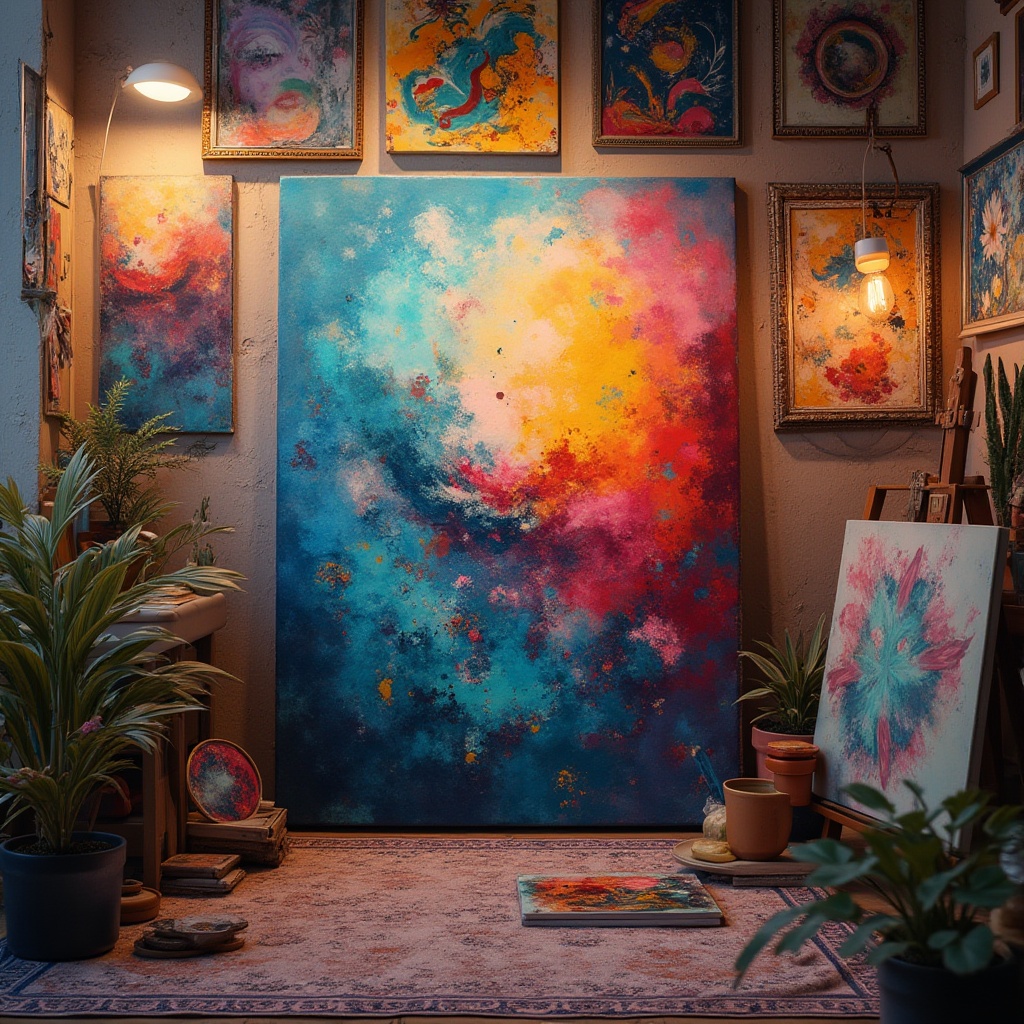 Prompt: Vibrant art studio, eclectic mix of colors, bold brushstrokes, textured canvas, contemporary art pieces, abstract expressions, emotive color combinations, rich earth tones, soft pastel hues, metallic accents, neon lights, dramatic shadows, high-contrast lighting, 1/1 composition, close-up shots, detailed textures, realistic renderings.