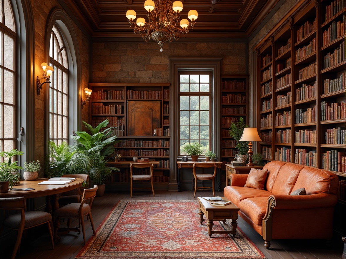 Prompt: Cozy reading nooks, warm wood accents, rich leather bindings, vintage book collections, comfortable seating areas, soft warm lighting, earthy tone color palette, natural stone walls, wooden shelves, intricate moldings, ornate details, quiet atmosphere, serene ambiance, subtle color contrasts, harmonious hues, traditional architecture, elegant chandeliers, luxurious fabrics.