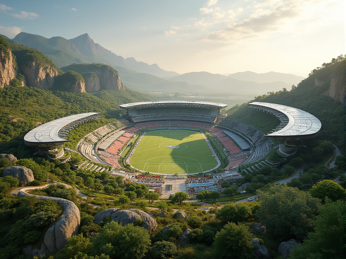 Prompt: Panoramic stadium view, lush green hillsides, natural rock formations, integrated landscape architecture, curved seating areas, vibrant flower beds, meandering walking paths, recreational public spaces, modern sports facilities, sleek steel structures, cantilevered roofs, translucent canopies, sustainable rainwater harvesting systems, eco-friendly irrigation methods, native plant species, dynamic lighting effects, dramatic sunsets, shallow depth of field, 1/2 composition, realistic textures, ambient occlusion.