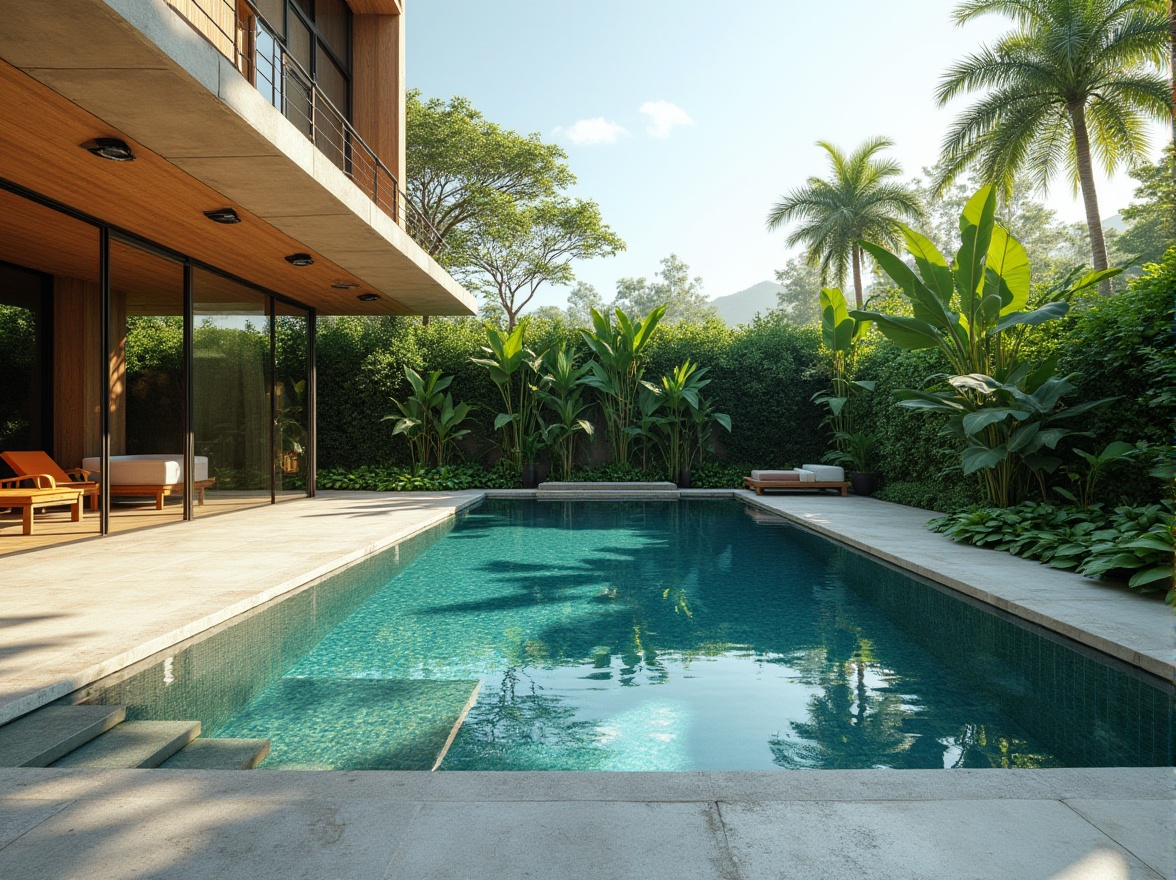 Prompt: Sleek modern pool design, eco-friendly materials, recycled glass tiles, sustainable concrete, natural stone coping, solar-powered pumps, energy-efficient filtration systems, saltwater sanitizing, lush greenery surroundings, tropical plants, warm sunny day, shallow depth of field, 3/4 composition, panoramic view, realistic textures, ambient occlusion.