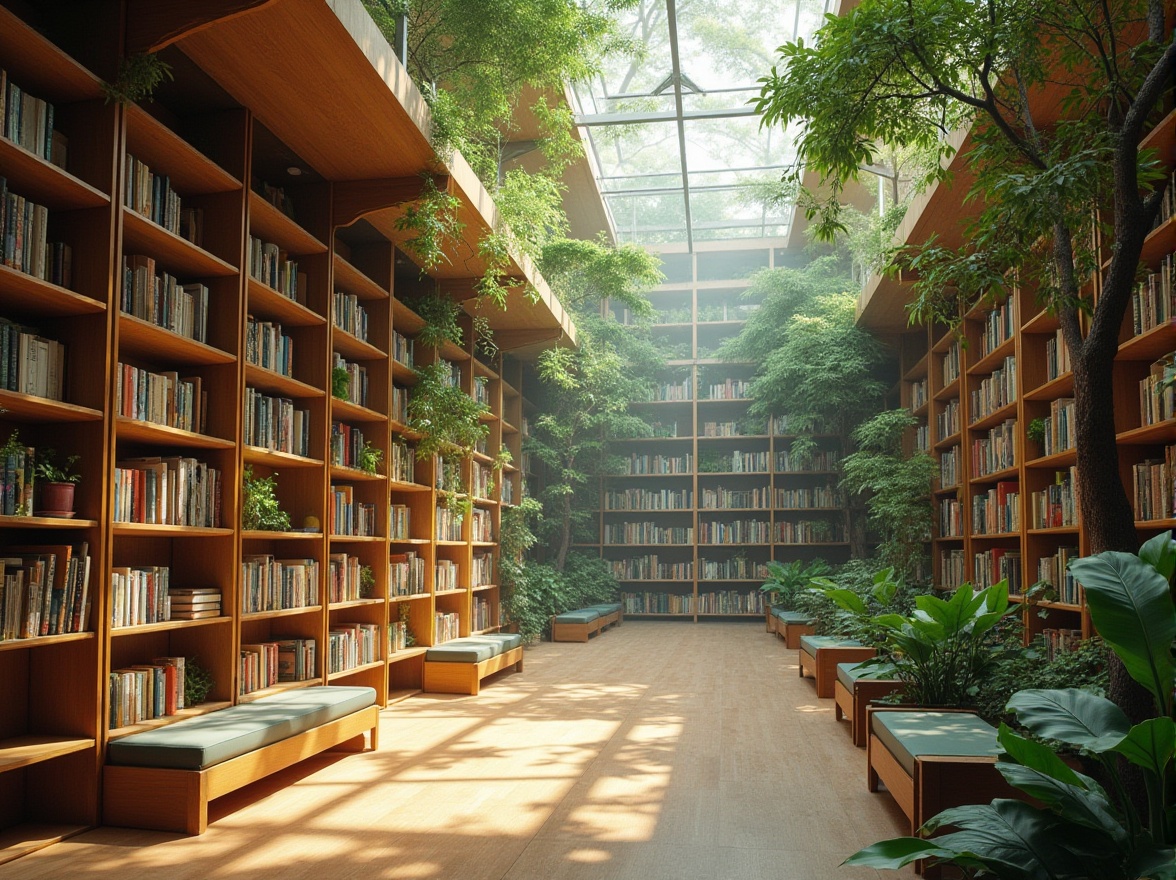 Prompt: Serene library interior, natural light pouring in, lush greenery walls, wooden bookshelves, comfortable reading nooks, high ceilings, clerestory windows, cross ventilation, breeze catching overhangs, solar-powered roof ventilators, automated window controls, insulated building envelopes, double-glazed facades, thermal mass materials, radiant cooling systems, organic shapes, earthy color palette, soft warm lighting, 1/2 composition, shallow depth of field, realistic textures, ambient occlusion.