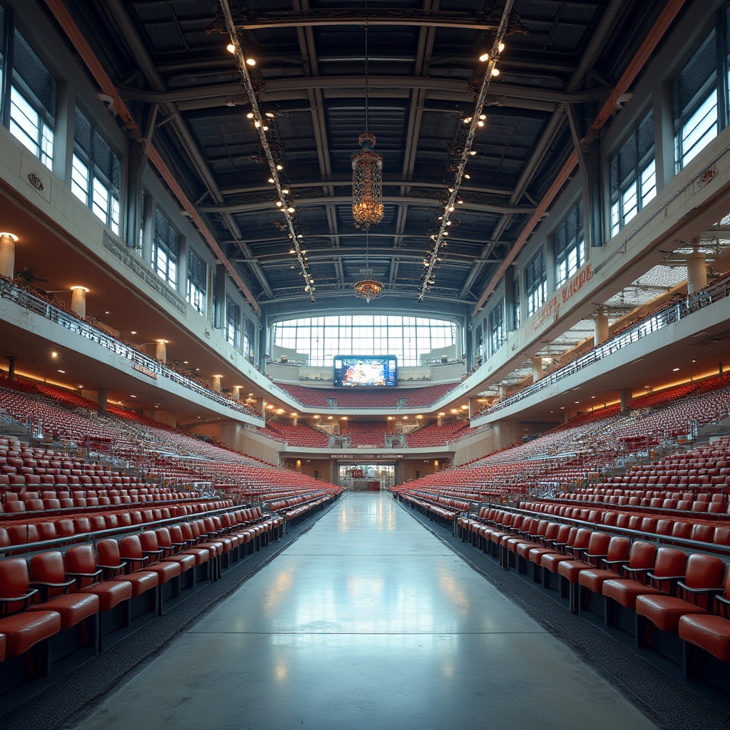 Prompt: Luxurious stadium interior, polished concrete floors, gleaming metallic accents, sleek glass railings, premium leather seating, vibrant team color schemes, modern LED lighting, dynamic scoreboard displays, natural stone walls, textured ceramic tiles, industrial steel beams, exposed ductwork, minimalist decorative elements, rustic wood accents, dramatic ceiling heights, sweeping archways, grand entrance atriums, soft box lighting, 1/1 composition, realistic reflections, ambient occlusion.