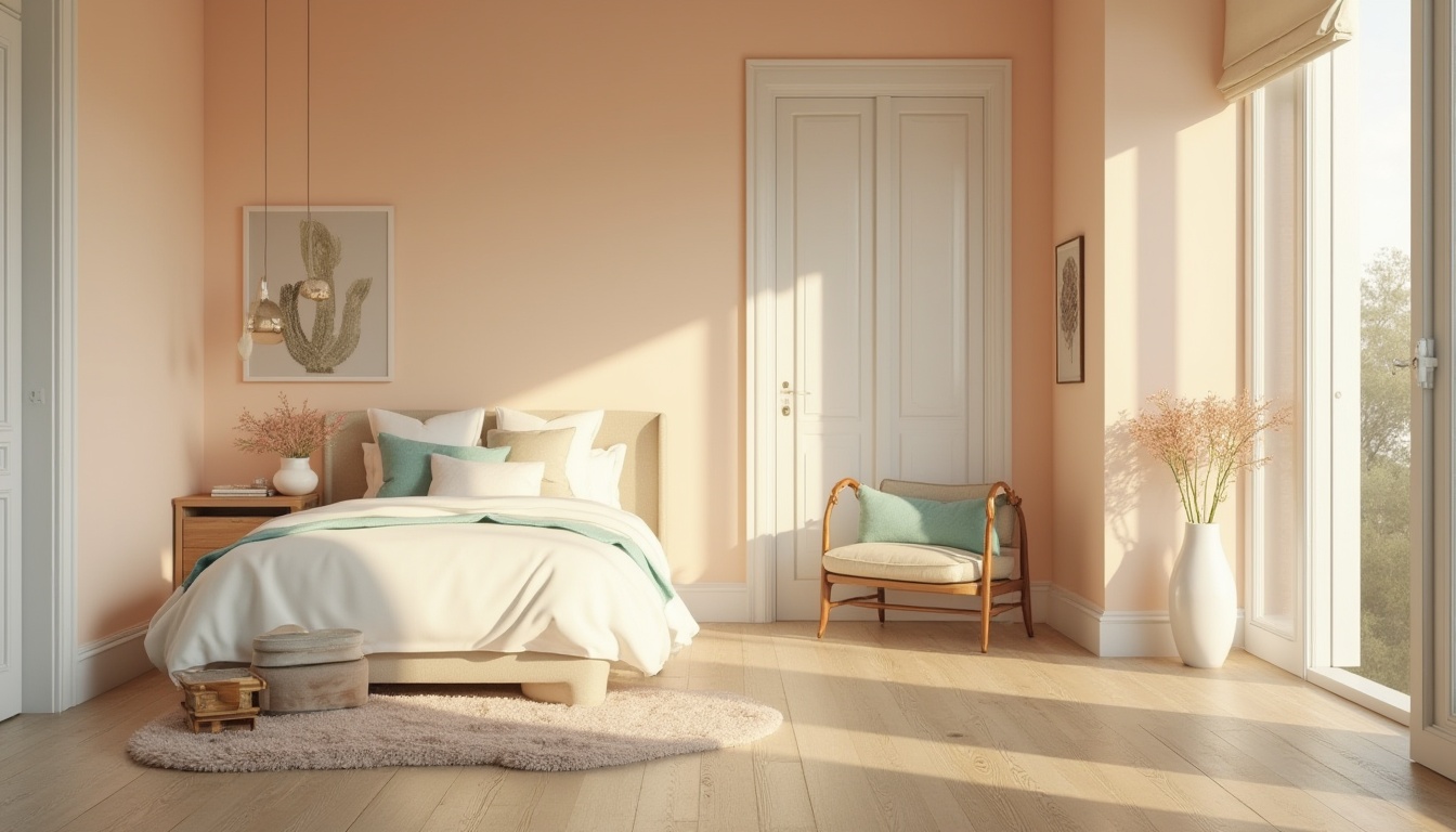 Prompt: Soft peach walls, creamy white trim, warm beige floors, rich walnut furniture, calming turquoise accents, natural linen upholstery, subtle golden lighting, elegant minimalist decor, serene botanical prints, gentle gradient skies, soft focus photography, 1/2 composition, atmospheric perspective, realistic material textures, ambient occlusion.