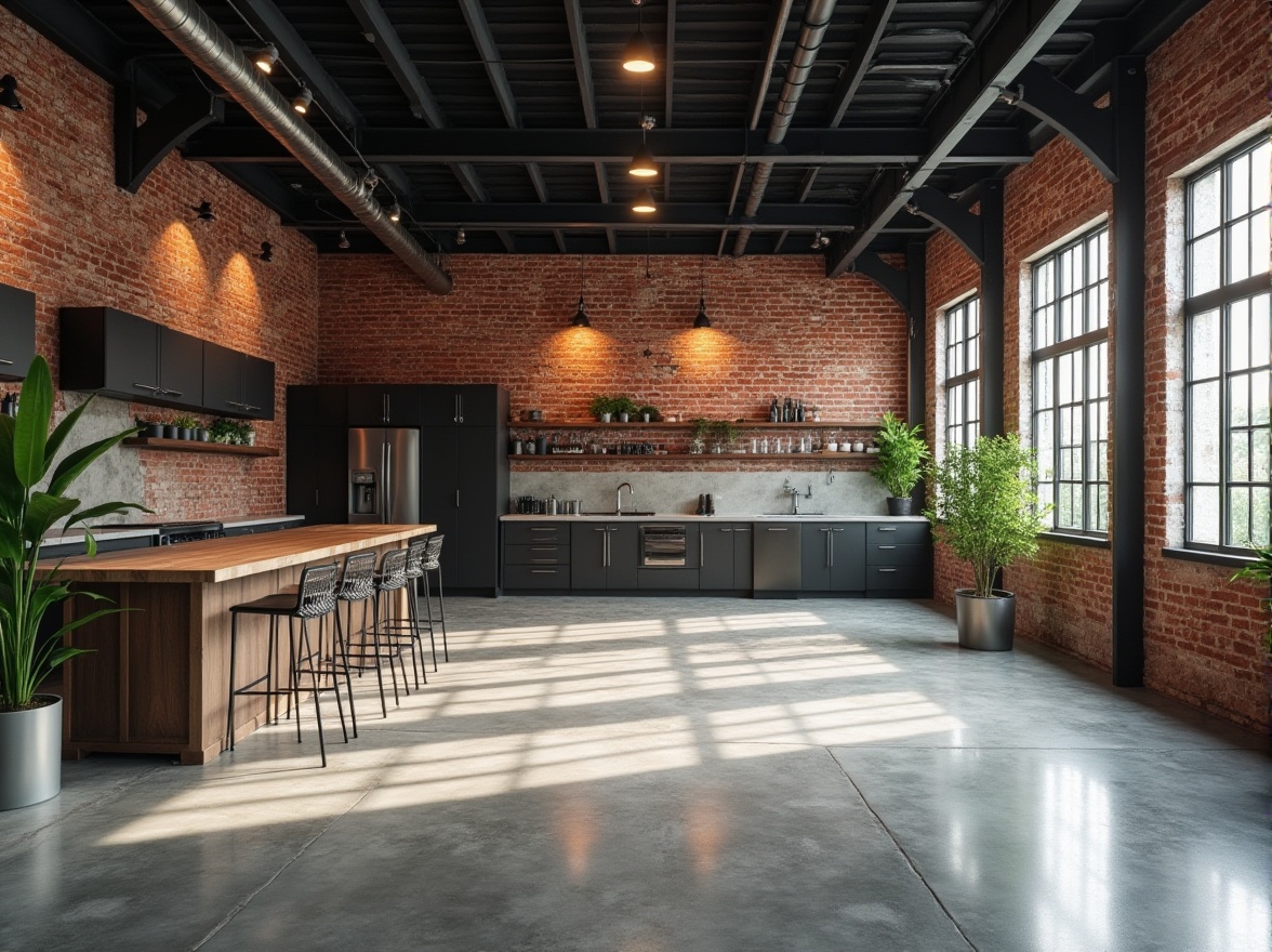 Prompt: Industrial-chic interior, polished concrete floors, exposed brick walls, reclaimed wood accents, metallic finishes, matte black steel beams, minimalist decor, urban loft atmosphere, natural light pouring in, airy open space, 3/4 composition, shallow depth of field, realistic textures, ambient occlusion.