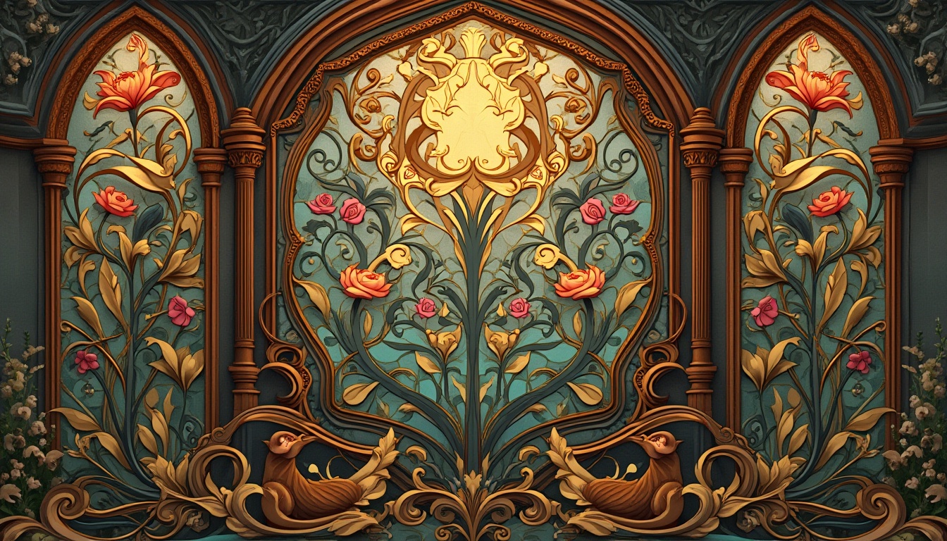 Prompt: Intricate floral patterns, organic shapes, flowing curves, ornate metalwork, stained glass windows, wooden accents, carved stone details, earthy color palette, natural textures, botanical illustrations, whimsical creatures, elegant lines, sinuous forms, ornamental typography, luxurious fabrics, velvet drapes, golden frames, vintage decorative elements, soft warm lighting, shallow depth of field, 1/1 composition, realistic rendering.