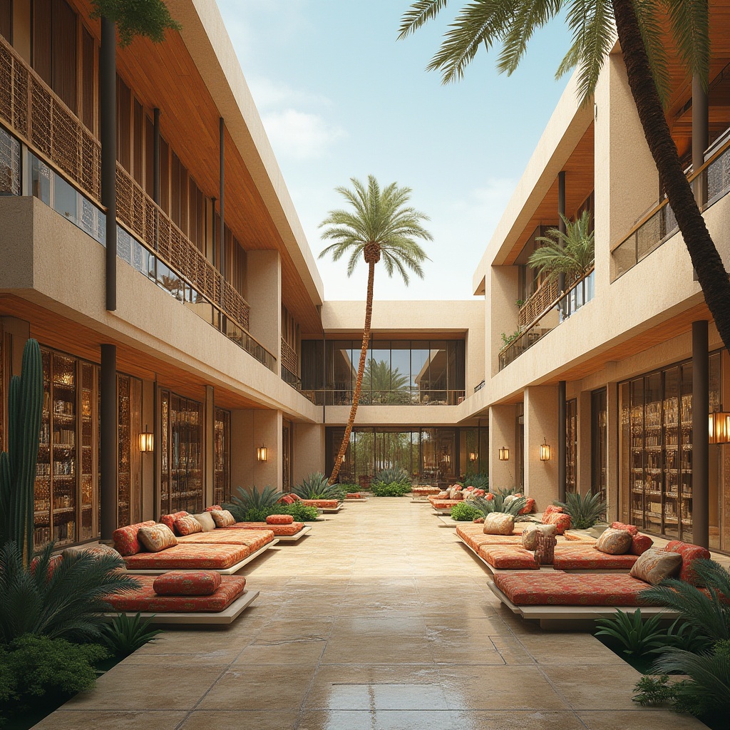 Prompt: \Majestic desert library, sandy dunes backdrop, vibrant cactus gardens, large windows with shaded overhangs, metallic latticework fa\u00e7ades, cantilevered rooflines, rustic wooden accents, earthy color palette, natural stone walls, futuristic angular lines, minimalist interior design, innovative cooling systems, misting outdoor spaces, Arabic-inspired geometric patterns, colorful textile upholstery, intricate lantern lighting, warm sunny day, shallow depth of field, 3/4 composition, panoramic view, realistic textures, ambient occlusion.\