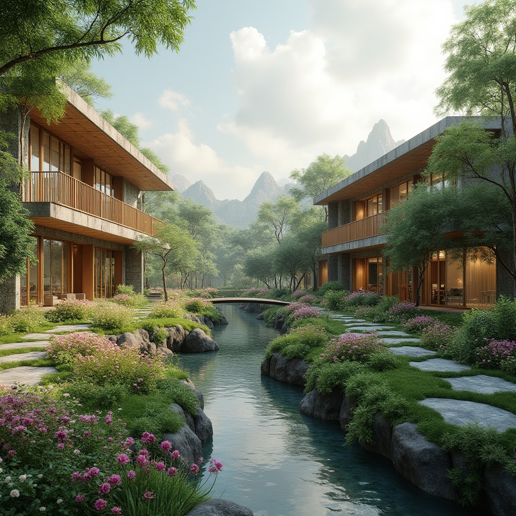 Prompt: Seamless landscape integration, blending modern architecture with natural surroundings, lush greenery, vibrant flowers, meandering streams, rustic wooden bridges, stone pathways, tranquil water features, eco-friendly materials, sustainable design, minimalist buildings, cantilevered roofs, floor-to-ceiling windows, panoramic views, soft warm lighting, shallow depth of field, 3/4 composition, realistic textures, ambient occlusion.