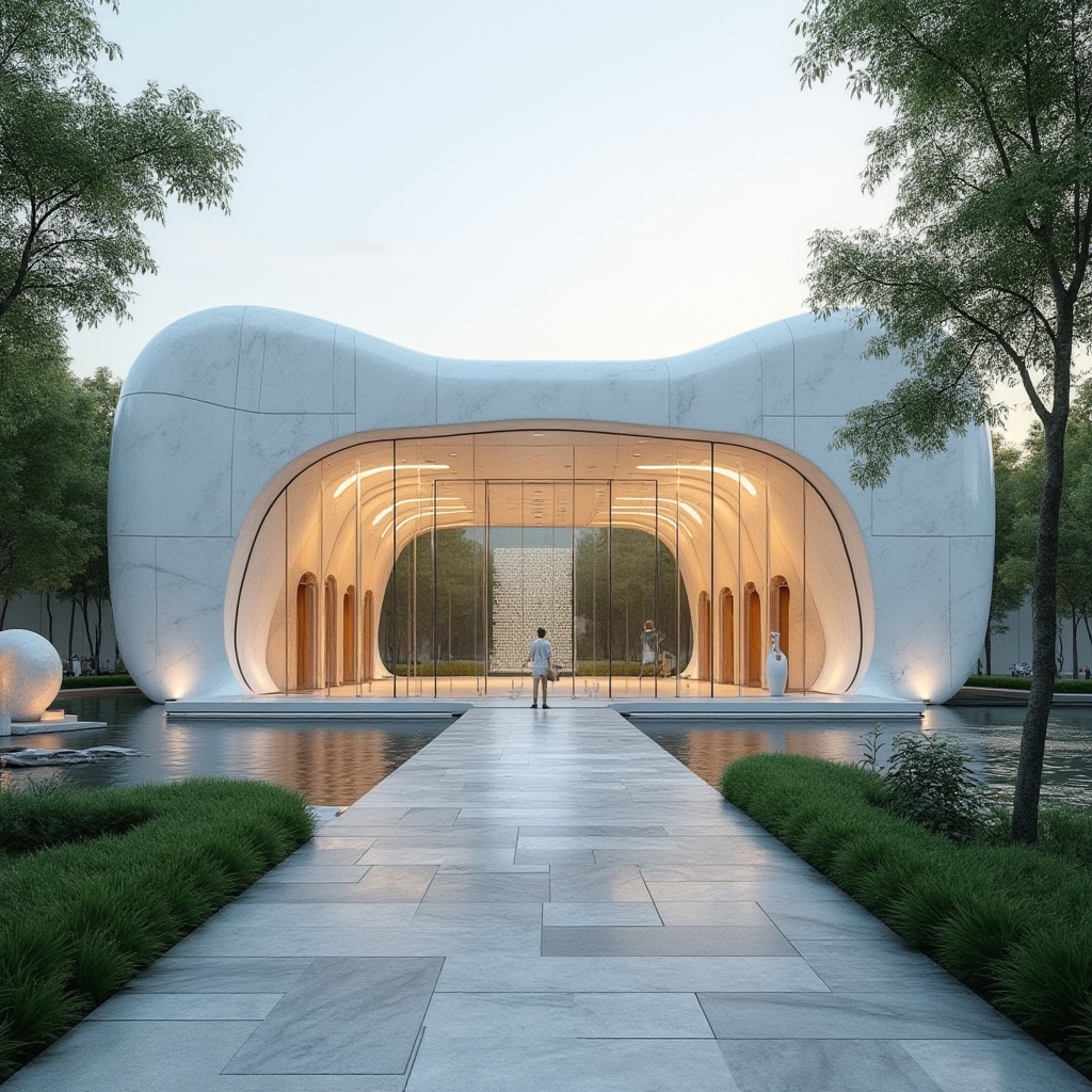 Prompt: Solemn memorial center, curved glass facade, white marble cladding, minimalist entrance, tranquil water features, lush greenery, peaceful courtyards, natural stone pathways, subtle LED lighting, respectful ambiance, soft warm colors, elegant simplicity, abstract sculptures, commemorative plaques, somber tone, shallow depth of field, 2/3 composition, realistic textures, ambient occlusion.