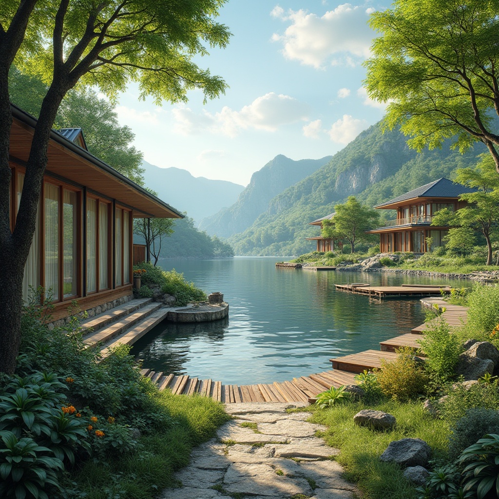 Prompt: Seamless transition, harmonious blend, lush greenery, rolling hills, serene lakeside, wooden docks, rustic benches, meandering pathways, natural stone walls, modern architecture, floor-to-ceiling windows, sliding glass doors, panoramic views, warm sunny day, soft diffused lighting, shallow depth of field, 3/4 composition, realistic textures, ambient occlusion.