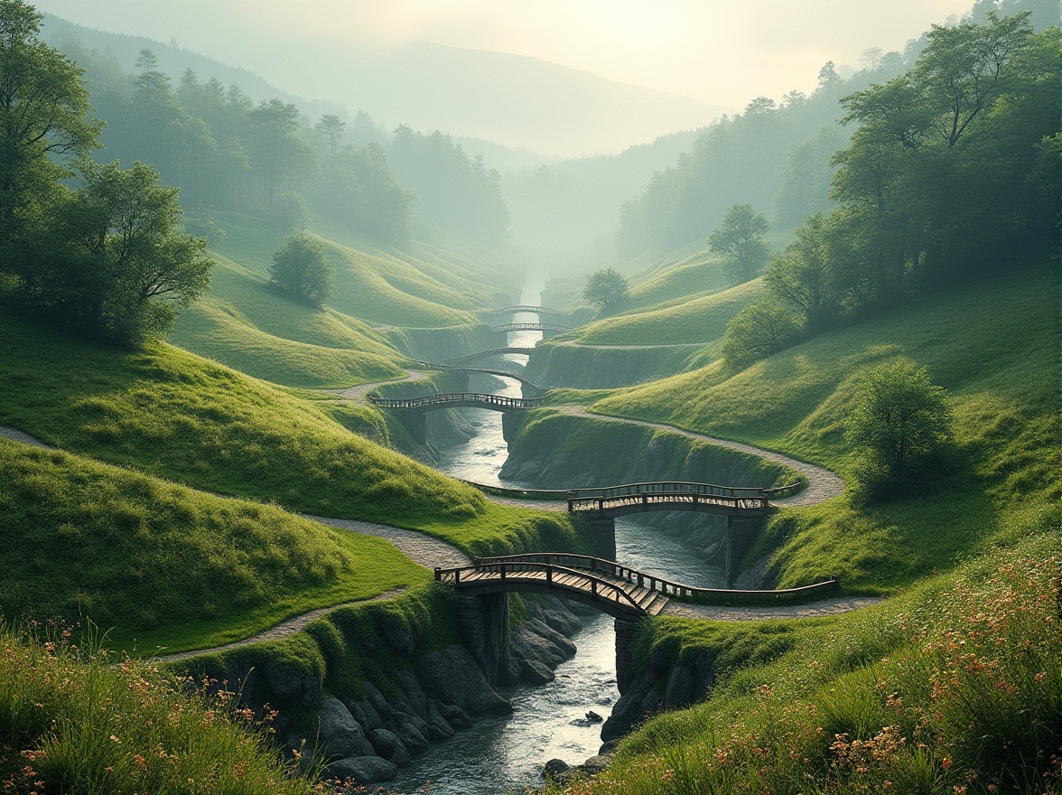 Prompt: Serene rolling hills, lush green forests, meandering streams, rustic wooden bridges, natural stone pathways, curved lines, organic shapes, earthy tones, muted colors, seamless blending, harmonious balance, symmetrical composition, panoramic view, realistic textures, ambient occlusion, soft warm lighting, atmospheric perspective, misty morning fog, vibrant wildflowers, gentle breeze, peaceful ambiance.