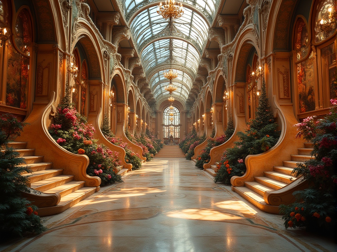 Prompt: Ornate exhibition center, flowing curves, organic forms, sinuous lines, botanical motifs, intricate ironwork, stained glass windows, vibrant colorful mosaics, ornamental turrets, grand entranceways, sweeping arches, lavish decorations, natural stone fa\u00e7ades, polished marble floors, elegant staircases, dramatic chandeliers, warm golden lighting, soft focus, shallow depth of field, 1/2 composition, symmetrical framing, highly detailed textures, ambient occlusion.