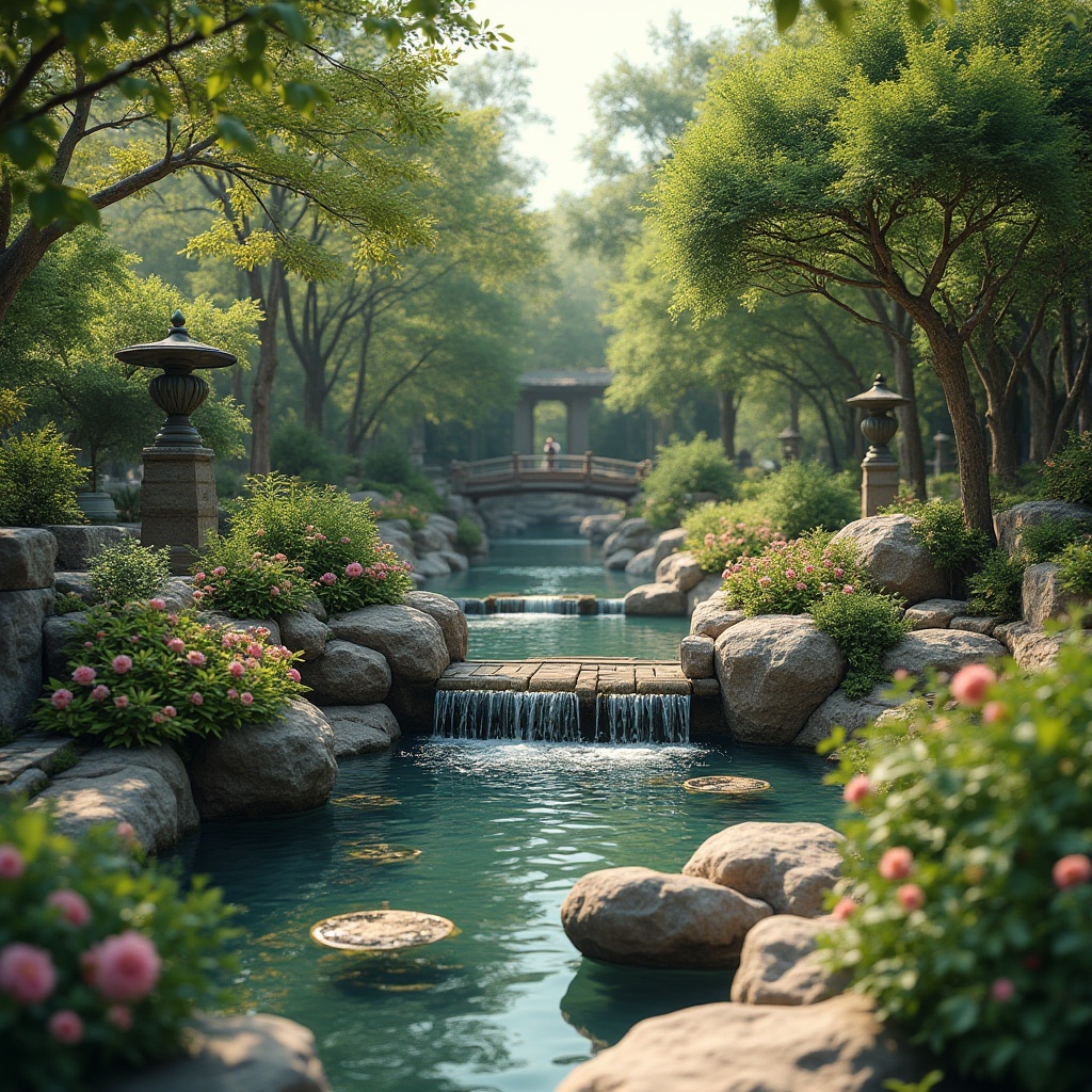 Prompt: Serenely landscaped garden, meandering water streams, tranquil ponds, ornate fountains, cascading waterfalls, natural stone walkways, lush greenery, vibrant flowers, decorative aquatic plants, rustic wooden bridges, elegant statues, soothing sound effects, warm ambient lighting, shallow depth of field, 1/2 composition, panoramic view, realistic textures, ambient occlusion.