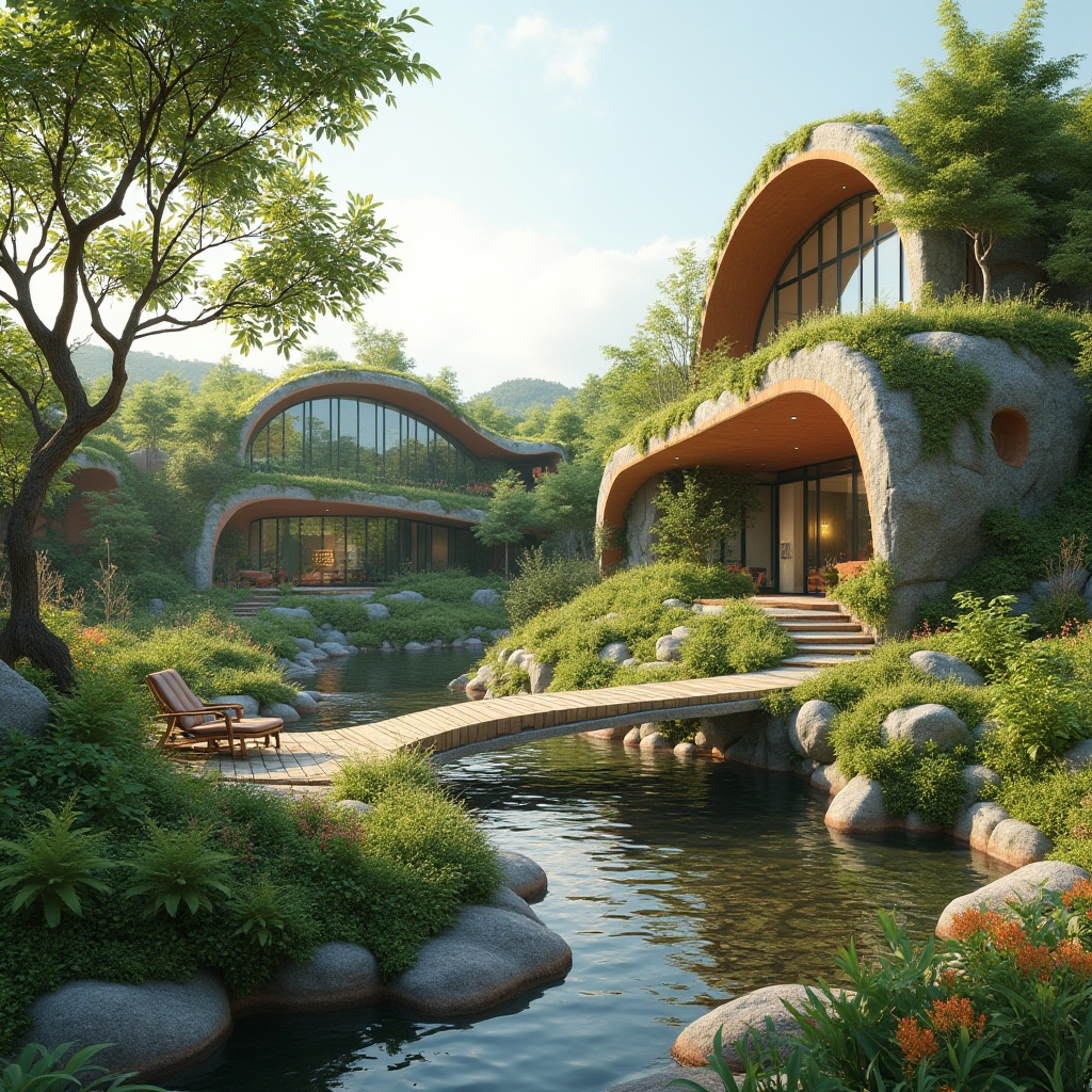 Prompt: Seamless landscape integration, organic curves, natural stone walls, lush green roofs, living walls, verdant vegetation, serene water features, meandering pathways, rustic wooden bridges, minimalist modern architecture, large glass windows, sliding doors, biophilic design, eco-friendly materials, sustainable energy systems, solar panels, wind turbines, rainwater harvesting systems, native plant species, vibrant wildflowers, sunny day, soft warm lighting, shallow depth of field, 3/4 composition, panoramic view, realistic textures, ambient occlusion.